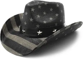 Vintage USA American Flag Cowboy Hat Classic Tea Stained Patriotic Western Cowboy Cowgirl Hat with Shapable Brim, Vintage Black and White
