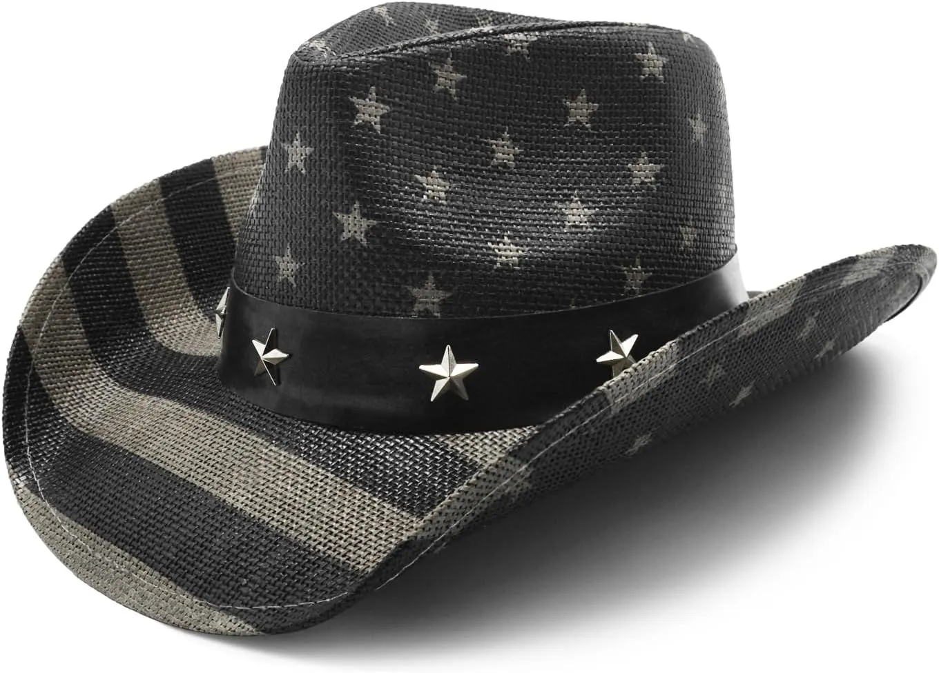 Vintage USA American Flag Cowboy Hat Classic Tea Stained Patriotic Western Cowboy Cowgirl Hat with Shapable Brim, Vintage Black and White