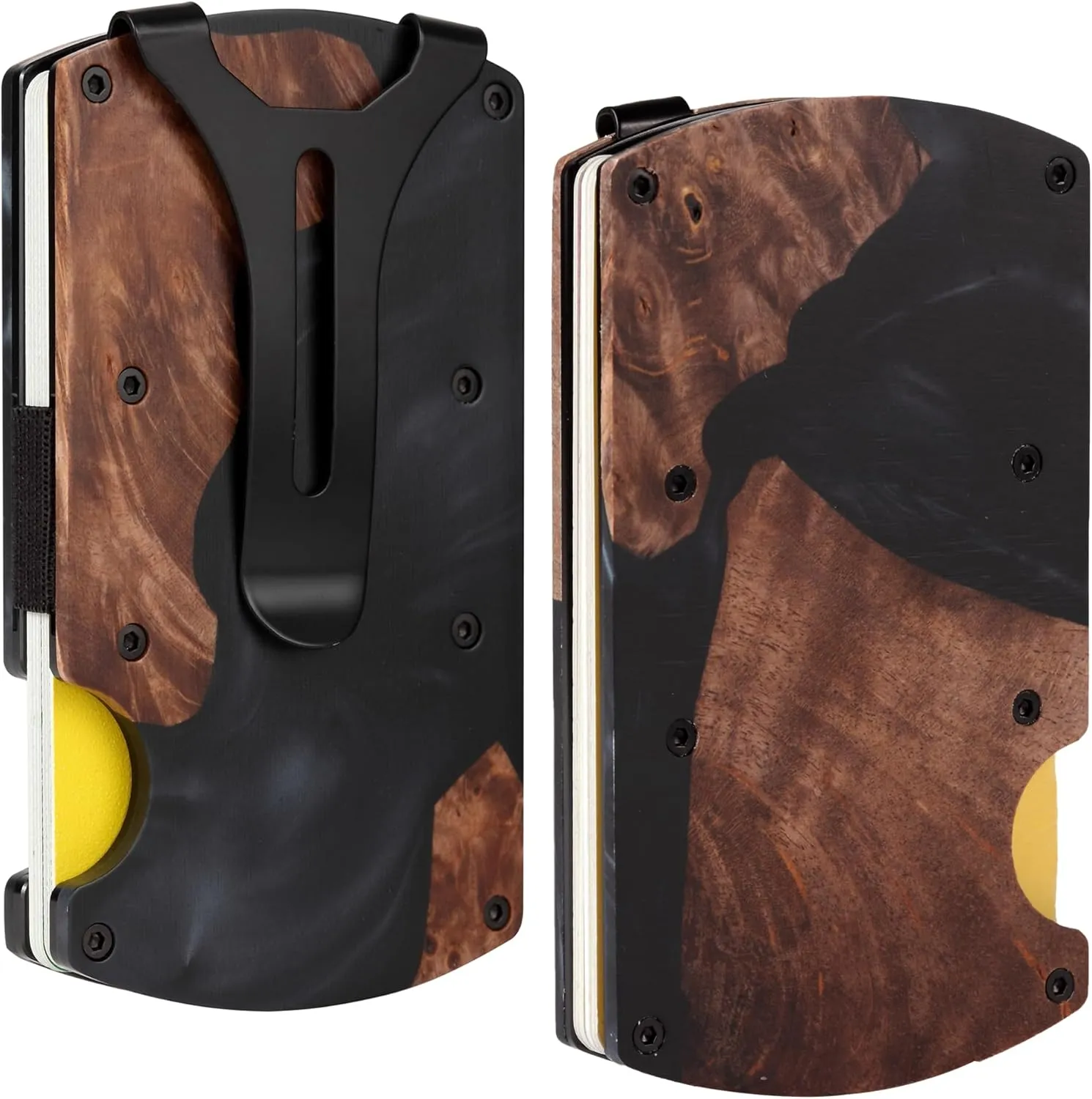Wallet for Men, Minimalist Slim RFID Blocking Resin Wood Credit Card Holder with Money Clip, Easily Removable Cash&Card Metal Wallet,Resin River,Natuarl Walnut Wood,Unique Pattern,Gift for Men