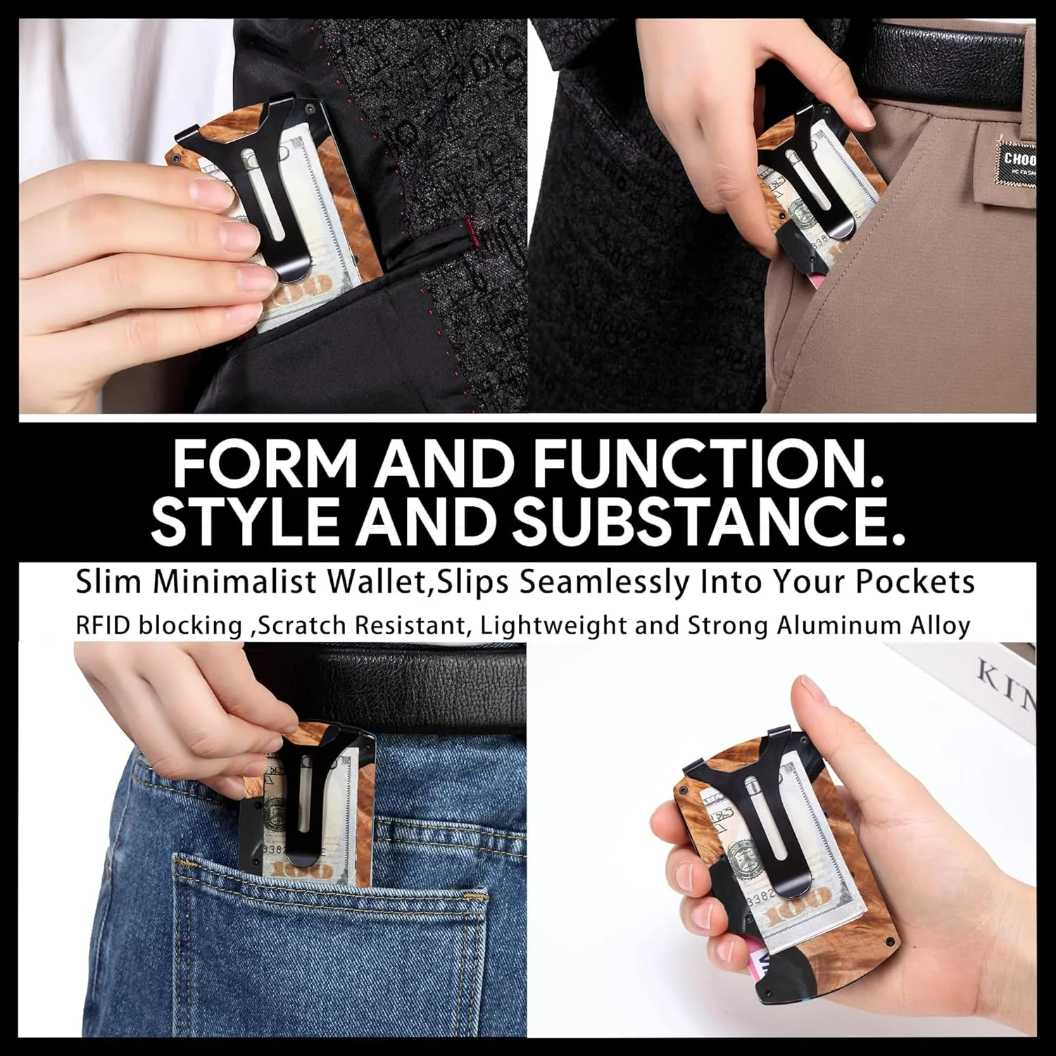 Wallet for Men, Minimalist Slim RFID Blocking Resin Wood Credit Card Holder with Money Clip, Easily Removable Cash&Card Metal Wallet,Resin River,Natuarl Walnut Wood,Unique Pattern,Gift for Men