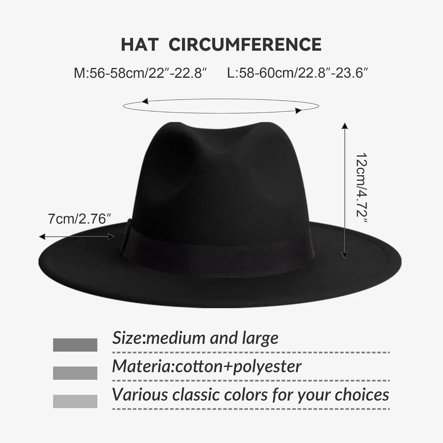 Wide Brim Fedora Hats for Women & Men Classic Dress Panama Hat Adjustable Felt Hat with Band