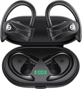 Wireless Earbuds 4 Mic Clear Call Bluetooth Headphones Wireless Charging Case Stereo Bass Sound 60H Playtime Over Ear Earphones LED Digital Display Headset with Earhooks for Sports Running Workout Gym