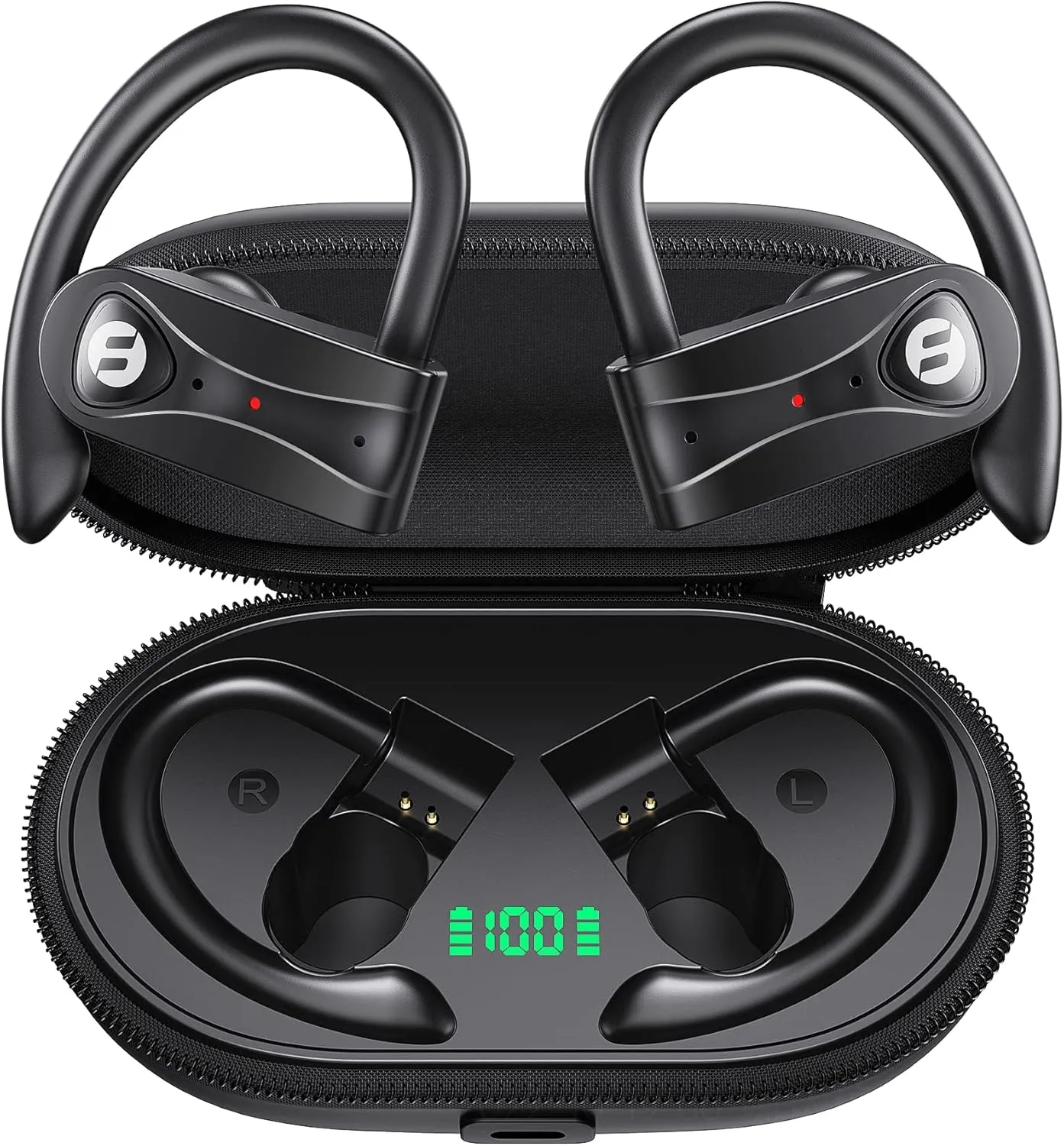 Wireless Earbuds 4 Mic Clear Call Bluetooth Headphones Wireless Charging Case Stereo Bass Sound 60H Playtime Over Ear Earphones LED Digital Display Headset with Earhooks for Sports Running Workout Gym
