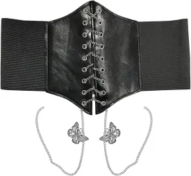 Womens Lace-up Corset Cinch Waistband Waspie Elastic Waist Belt Retro Tied Wide Belt Vintage Bandage Elasticity Girdle Wrap for Girls Halloween Costume  Black with Butterfly Chain