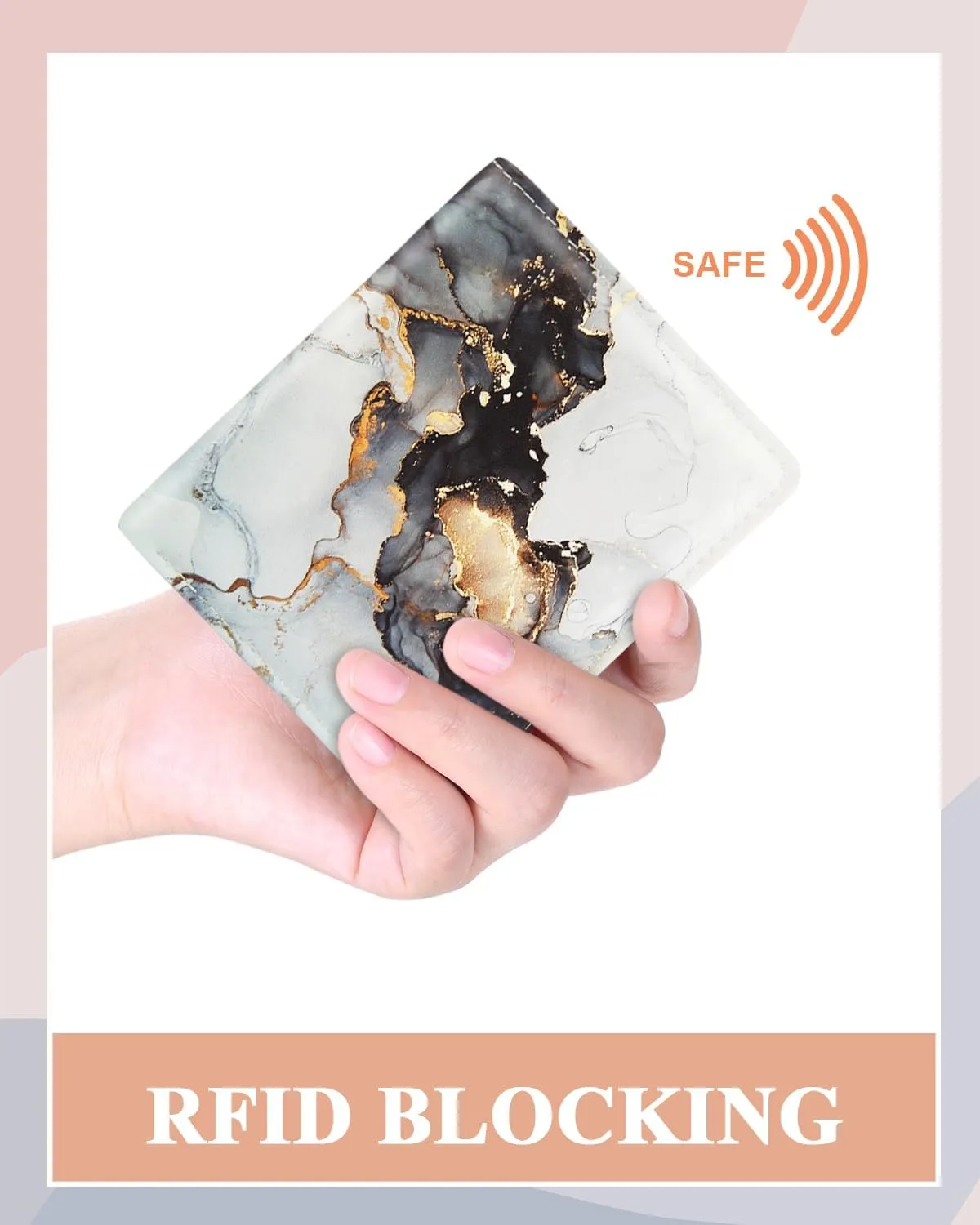 Womens Wallet, RFID Small Card Wallets for Women, Slim Thin Bifold Leather Credit Card Holder Wallet, Cute Compact Wallet Ladies Mini Purse with Zipper Coin Pocket & ID Window(Black Gold Marble)