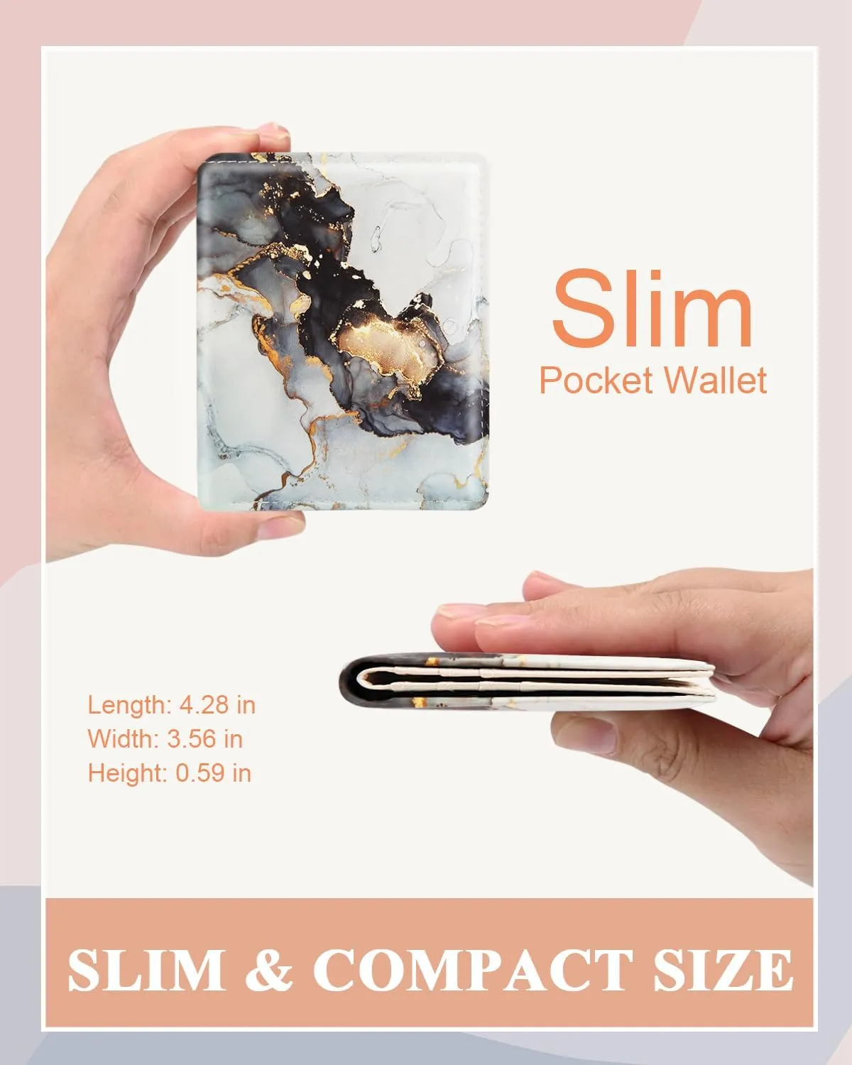Womens Wallet, RFID Small Card Wallets for Women, Slim Thin Bifold Leather Credit Card Holder Wallet, Cute Compact Wallet Ladies Mini Purse with Zipper Coin Pocket & ID Window(Black Gold Marble)