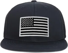 Youth Kid's Black White American Flag Patch Flat Bill Snapback Trucker Cap