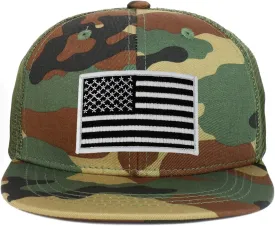 Youth Kid's Black White American Flag Patch Flat Bill Snapback Trucker Cap